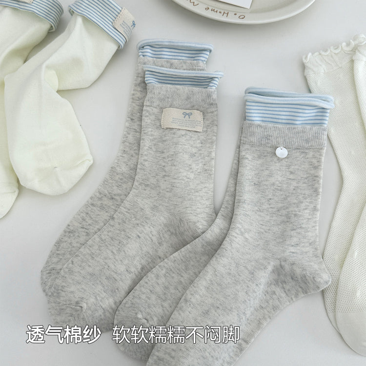 女襪|翻邊紐扣襪子女棉質吸汗透氣彈力中筒襪miu系芭蕾風襪子批發「JFT25820」25.07-1