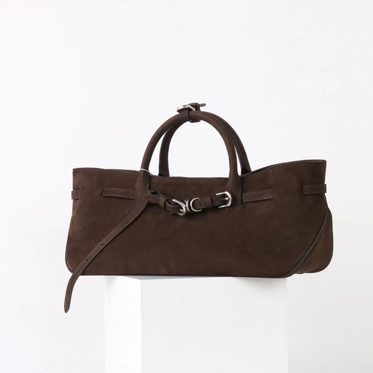 質感真皮|2025新款復古休閒麂皮包通勤百搭極簡皮帶扣設計斜背女小眾托特包「5797」25.09-4