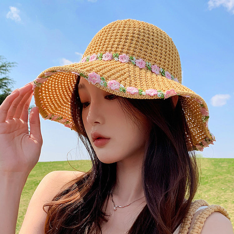 流行帽子|夏季編織草帽女海邊度假遮陽小花太陽草帽可折疊鏤空防曬漁夫帽子「C5152」25.04-1