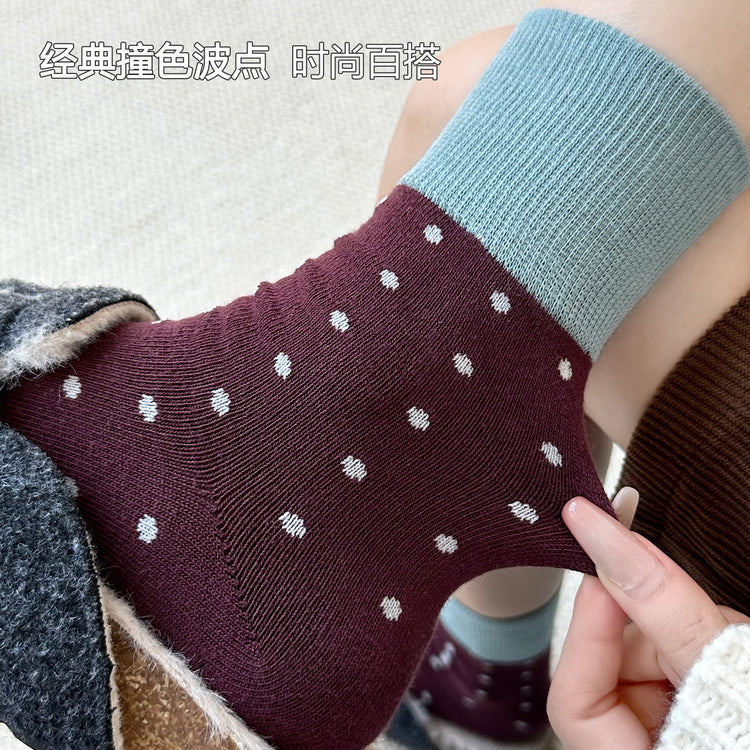 女襪|襪子女士經典撞色波點個性復古堆堆襪秋冬季保暖學院風中筒襪「YJ23128」25.10-1