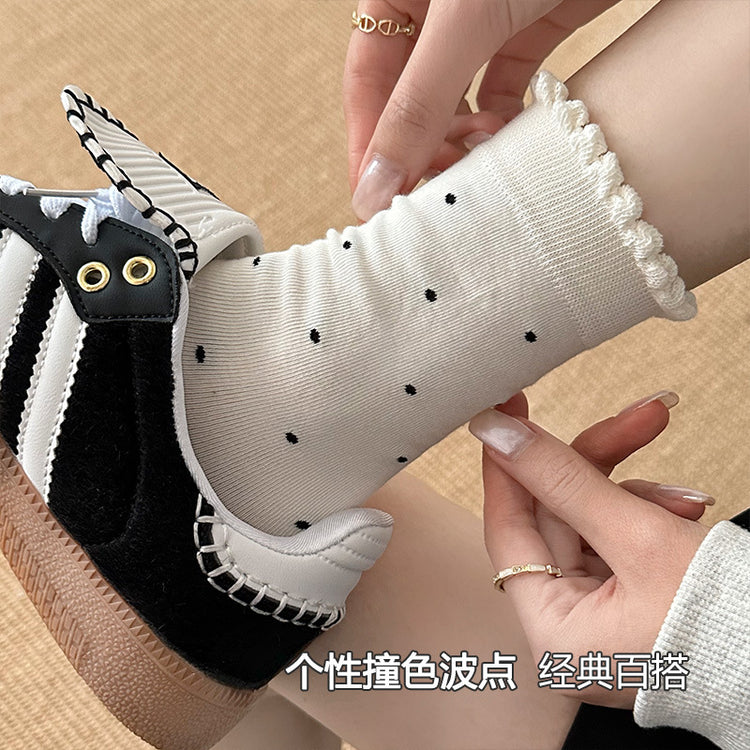 女襪|花邊襪口襪子女復古波點時尚ins潮堆堆襪棉質吸汗透氣彈力中筒襪「S25803」25.02-3