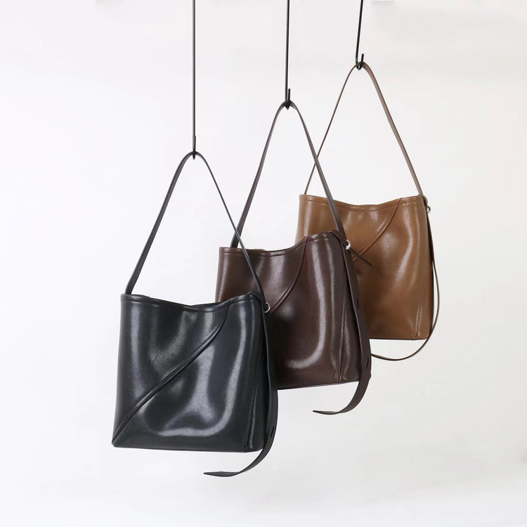 質感真皮|2025新款大容量牛皮拼接質感通勤子母包時尚百搭單肩腋下水桶包女「7056」25.09-3