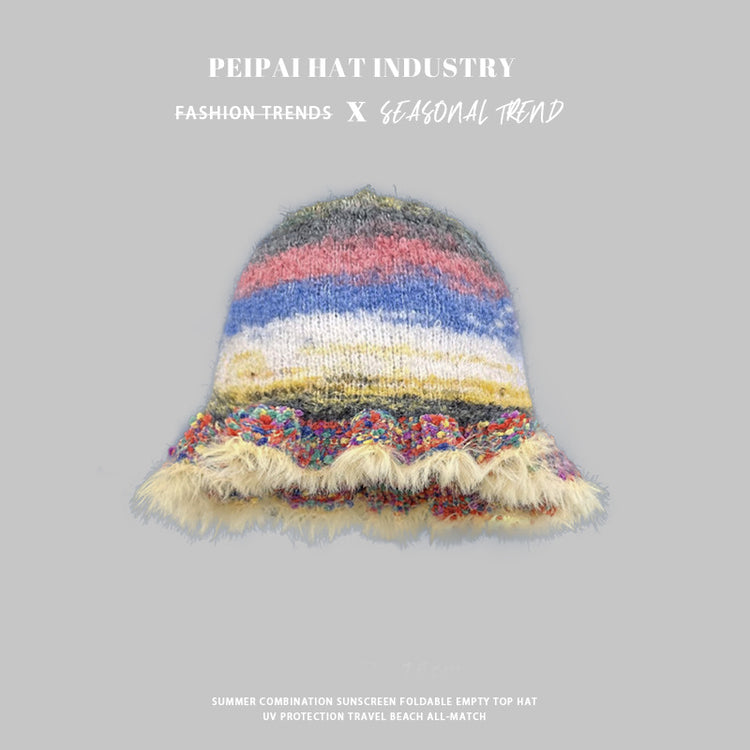流行帽子|帽子女2024新款復古彩色條紋油畫風荷葉邊漁夫帽秋冬保暖針織盆帽「C4333」24.09-1
