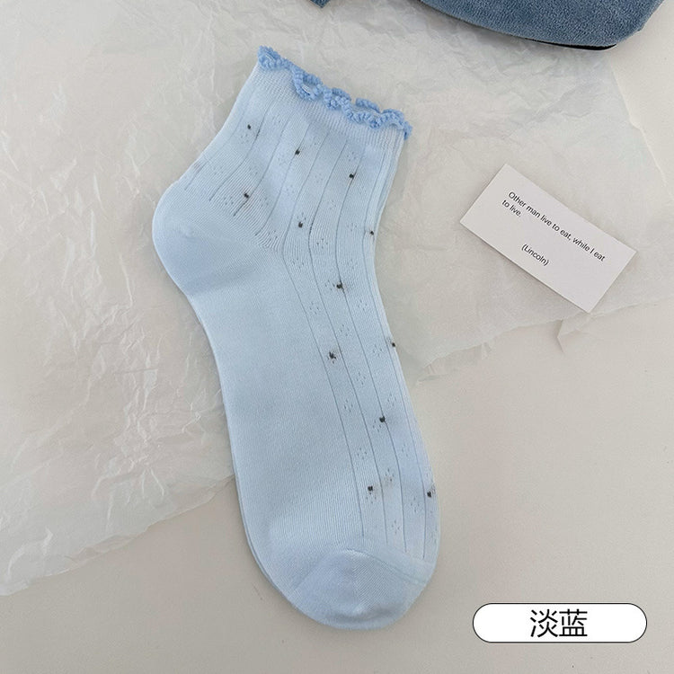 女襪|白色花邊襪子女網眼透氣彈力無骨短襪波點襪身ins潮流襪子「YM2546」25.07-1