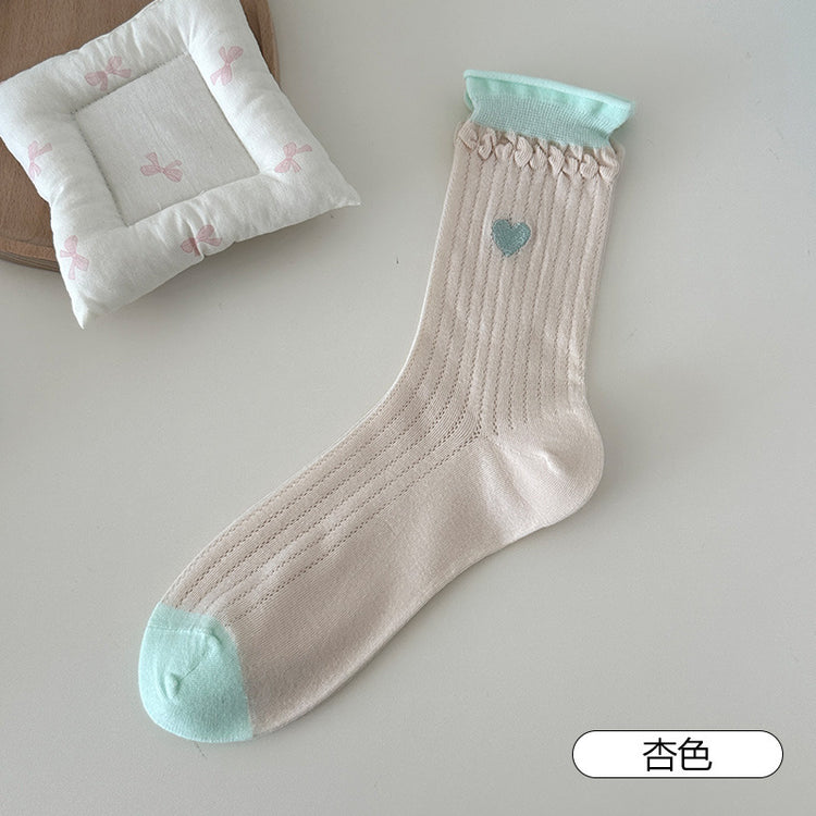 女襪|卷邊襪子女撞色雙羅口刺繡愛心中筒襪棉質吸汗透氣ins潮堆堆襪「TM7555」25.04-5
