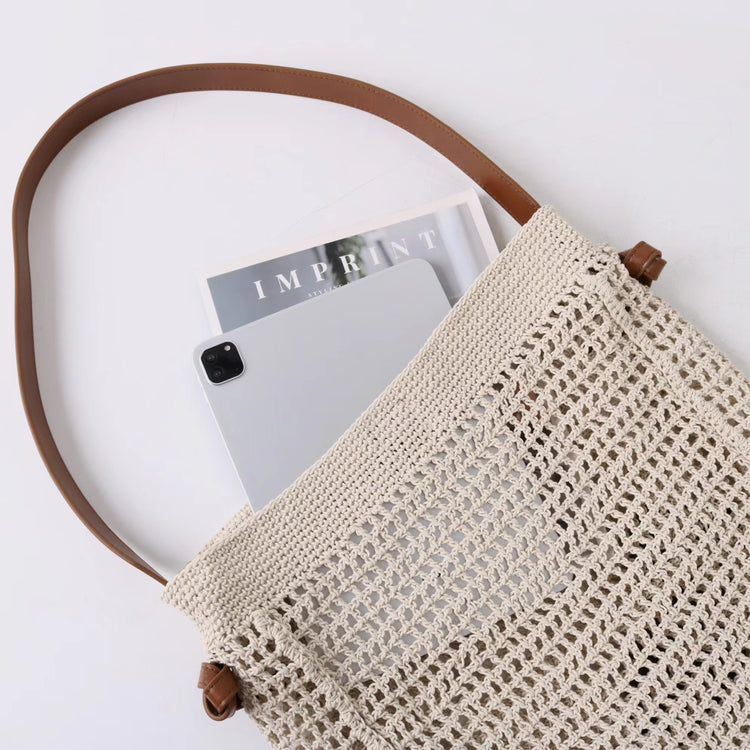 質感真皮|2025新款蠟繩編織托特大容量斜背包頭層牛皮沙灘度假通勤包ins女「3853」25.04-5