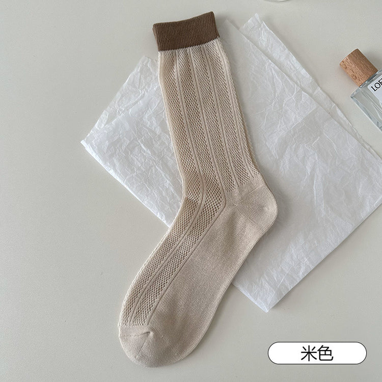 女襪|竹纖維抑菌防臭堆堆襪夏季薄款鏤空網眼透氣中筒襪彈力無骨冰冰襪「TM7373」25.05-1