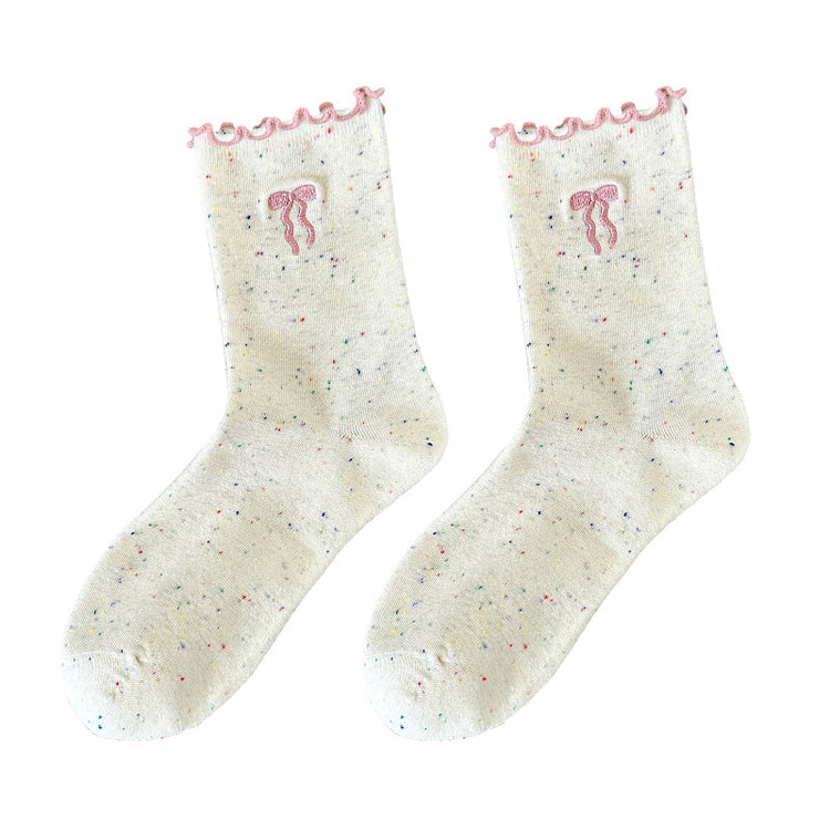 女襪|木耳花邊襪子女刺繡蝴蝶結點子紗中筒襪棉質吸汗透氣堆堆襪「HC5203」25.07-5