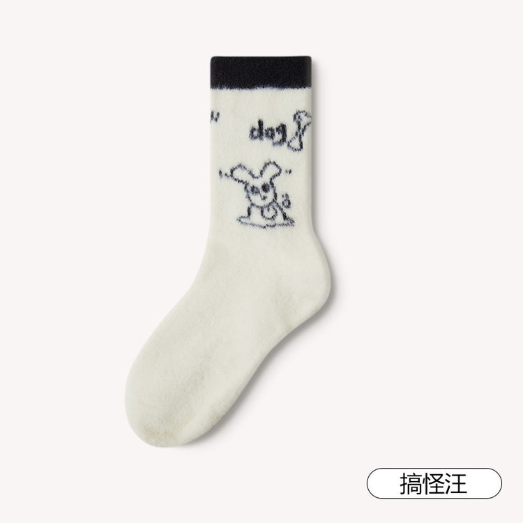 女襪|加絨加厚襪子女秋冬蓄熱鎖溫保暖親膚澳絨襪小狗刺繡彈力中筒襪「HC5106」24.12-1