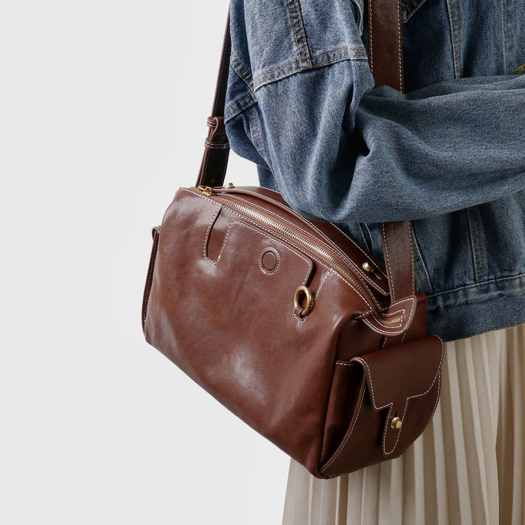 質感真皮|秋冬新款頭層水晶植鞣牛皮無性別復古手提相機包大容量單肩斜背包「155M」24.11-2