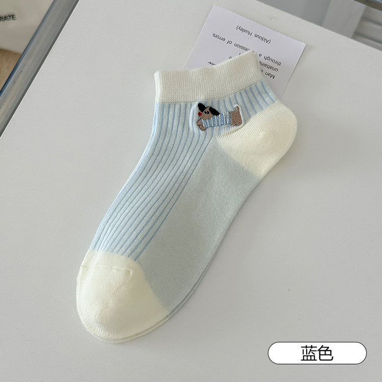 女襪|卡通臘腸狗襪子女棉質吸汗透氣親膚舒適中筒襪竪條顯瘦彈力休閒襪「XHS5020」25.05-1