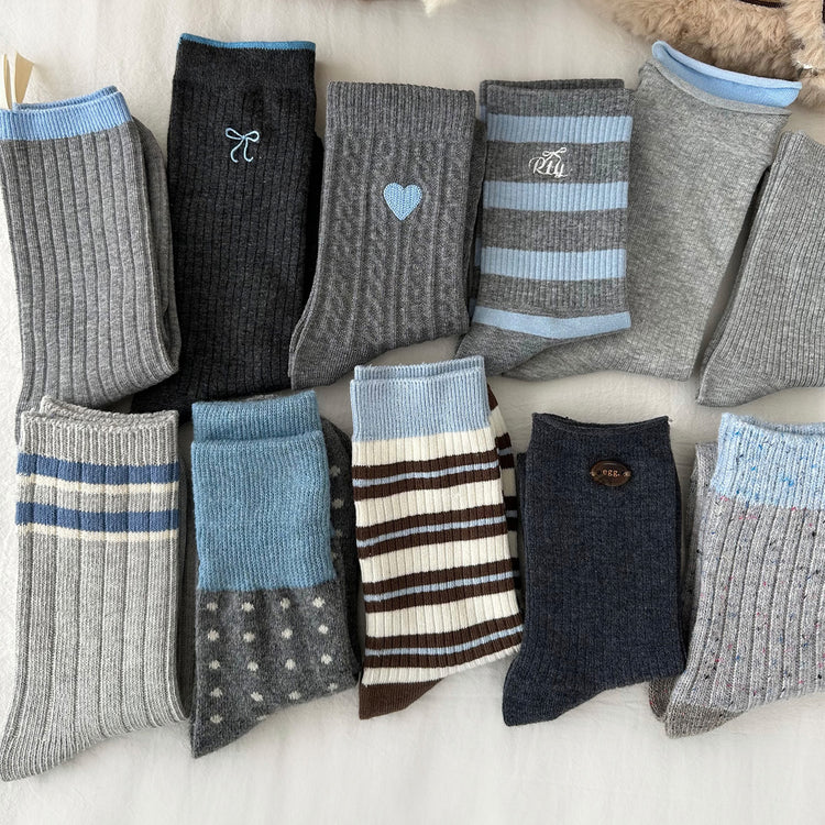 女襪|灰色羊毛襪子女冬季加絨加厚保暖愛心蝴蝶結堆堆襪彈力親膚中筒襪「HD25856」25.11-2
