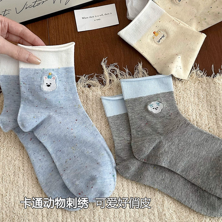 女襪|卷邊襪子女點子紗棉質吸汗透氣堆堆襪卡通動物刺繡彈力好搭中筒襪「W0121」25.03-3