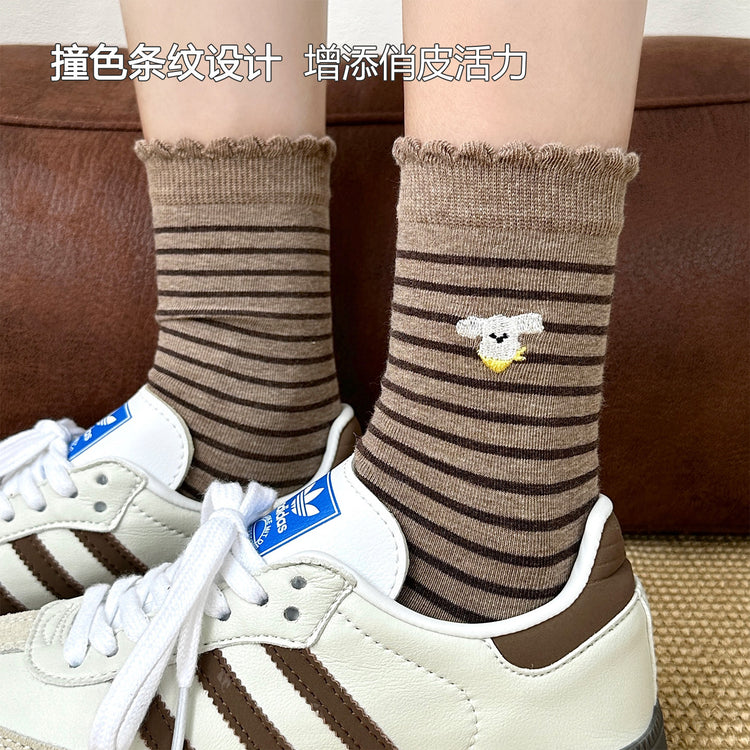 女襪|10A抑菌襪子女ins潮學院風卡通刺繡運動襪棉質吸汗透氣諸暨襪子「MK5138」25.08-1