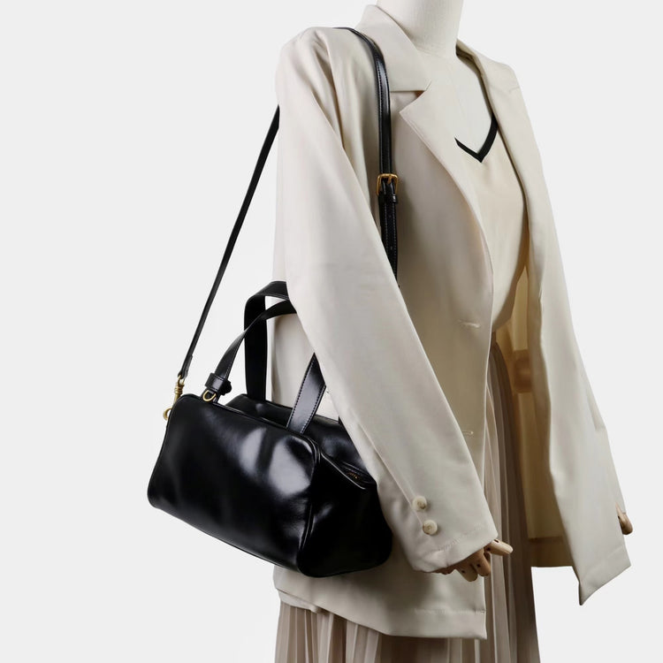 質感真皮|2025新款時尚牛皮手柄保齡球波士頓手提包小眾設計休閒百搭斜背包「8566」25.09-2