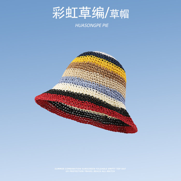 流行帽子|蕾絲系帶草帽夏季女帽子防曬學生戶外遮陽帽綁帶沙灘彩虹太陽帽子「C3929」24.05-2
