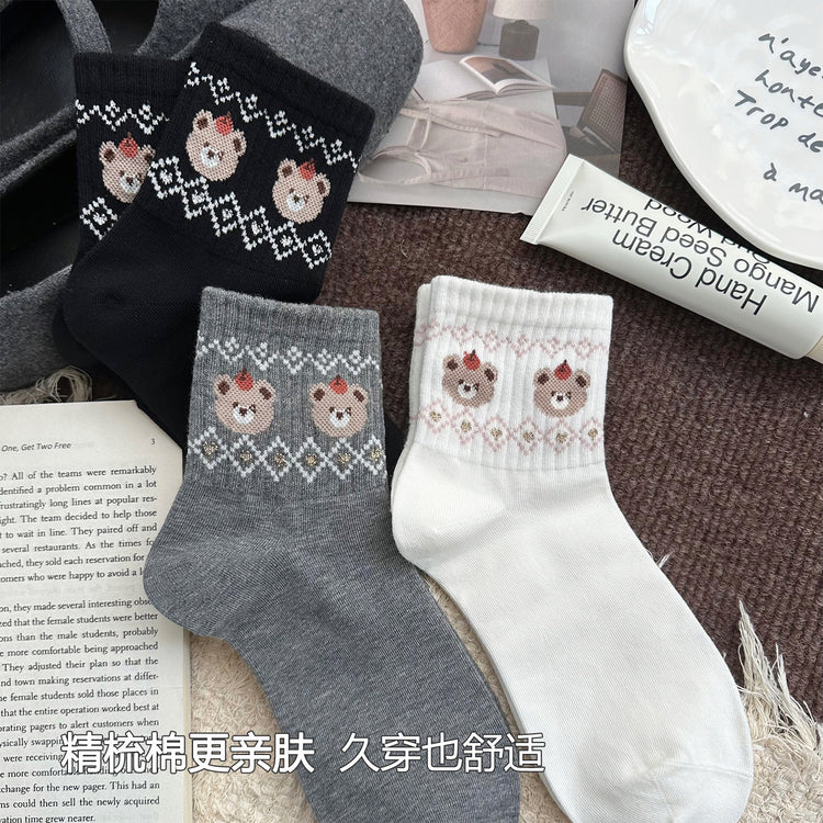 女襪|費爾島小熊襪子女棉質吸汗透氣彈力無骨短襪學院風通勤好搭休閒襪「XC2321」25.08-2