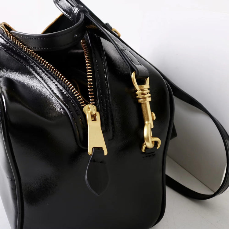 質感真皮|2025新款時尚牛皮手柄保齡球波士頓手提包小眾設計休閒百搭斜背包「8566」25.09-2