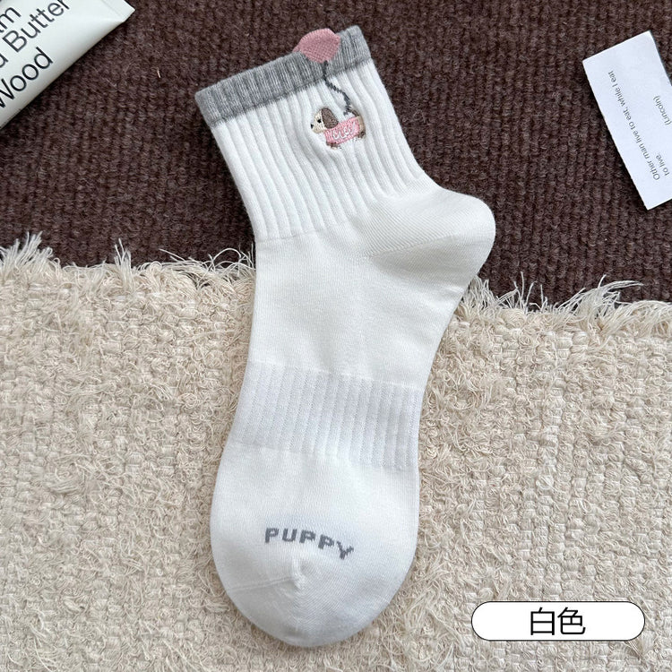 女襪|拼色羅口襪子女立體卡通氣球小狗彈力無骨短襪棉質吸汗透氣運動襪「XC2327」25.08-2