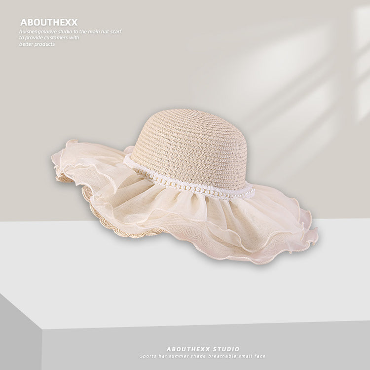 流行帽子|夏天帽子女蕾絲花邊草帽大帽檐遮陽帽防曬太陽帽出遊沙灘帽子女夏「C5277」25.05-3
