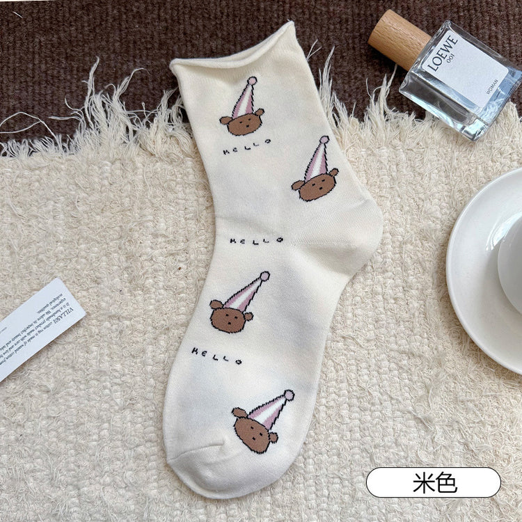 女襪|彈力卷邊襪子女可愛卡通圖案學院風中筒襪棉質吸汗透氣舒適堆堆襪「YM2454」25.08-4