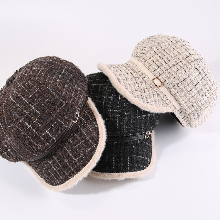 流行帽子|小香風格子毛絨帽子女秋冬保暖顯臉小八角帽大頭圍日系鴨舌貝雷帽「C5840」25.11-3