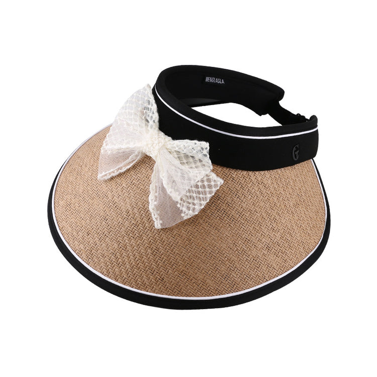 流行帽子|蕾絲蝴蝶結空頂帽女夏季黑膠防紫外線遮陽帽加寬帽檐沙灘太陽帽子「C3802」24.04-3