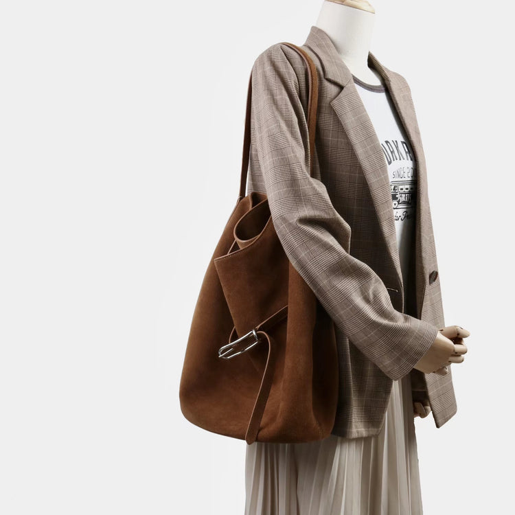 質感真皮|2025新磨砂牛皮托特包hobo腋下包皮帶裝飾餃子水桶包百搭單肩包「6185S」25.11-2