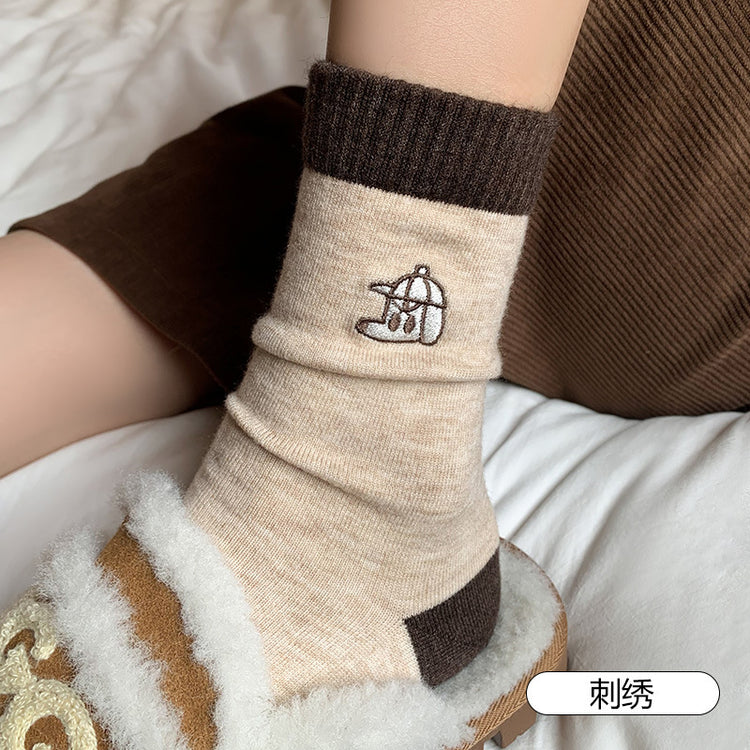 女襪|美拉德復古條紋襪子女秋冬加厚保暖羊毛襪卡通動物刺繡親膚中筒襪「MK4245」24.11-1