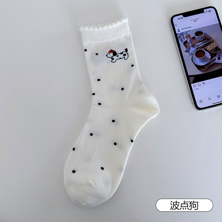 女襪|卡通圖案襪子女棉質吸汗透氣彈力中筒襪花邊襪口潮流好搭堆堆襪「MYH2505」25.04-1