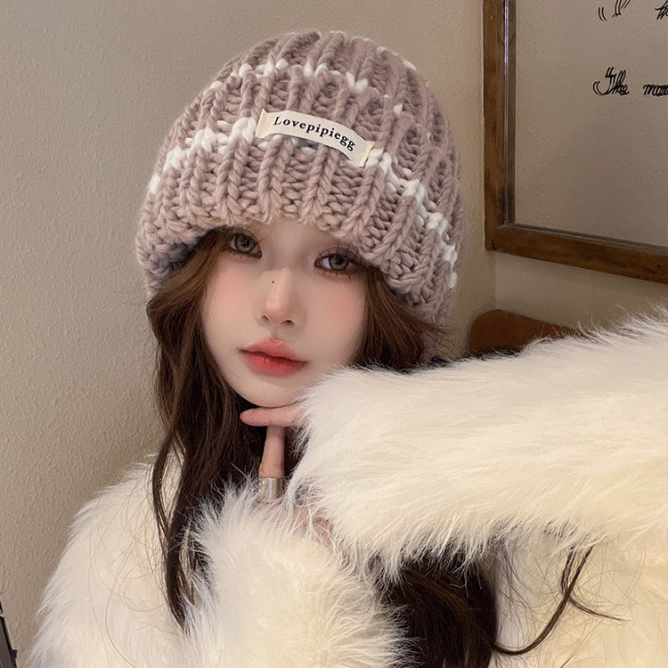 流行帽子|帽子女秋冬毛線帽潮韓版保暖護耳冷帽套頭帽條紋百搭顯臉小針織帽「C3048」24.11-2