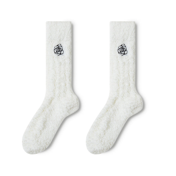 女襪|白色刺繡襪子女秋冬蓄熱鎖溫加絨加厚睡眠襪彈力軟糯親膚珊瑚絨襪「AD2388」24.12-1