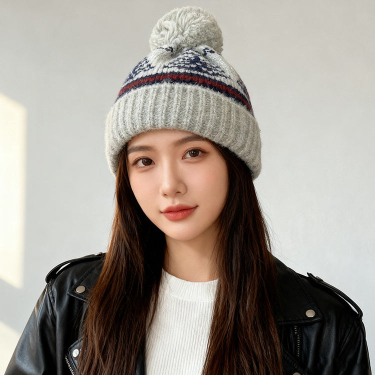 流行帽子|2025復古費爾島風毛線帽子女冬季加厚保暖針織帽日系護耳毛球冷帽「C4775AA」25.12-1