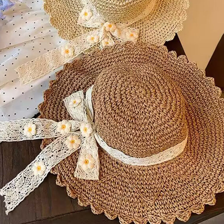 流行帽子|日系小清新帽子女花朵蕾絲蝴蝶結大檐草帽海邊度假新款遮陽防曬帽「C5325」25.06-3