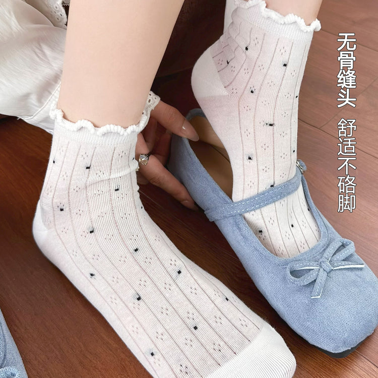 女襪|白色花邊襪子女網眼透氣彈力無骨短襪波點襪身ins潮流襪子「YM2546」25.07-1