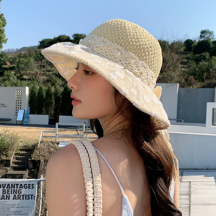 流行帽子|夏季新款帽子女蕾絲蝴蝶結漁夫帽韓版顯臉小海邊沙灘草帽防紫外線「C5237」25.04-5
