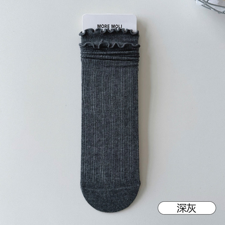 女襪|白色雙木耳邊襪子女miu系竪條顯瘦彈力中筒襪棉質吸汗防臭堆堆襪「NY2626」25.07-4