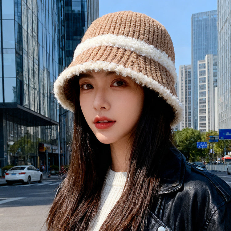 流行帽子|2025新款大頭圍帽子女保暖漁夫帽護耳百搭針織帽韓版戶外條紋盆帽「C2621A」25.10-3