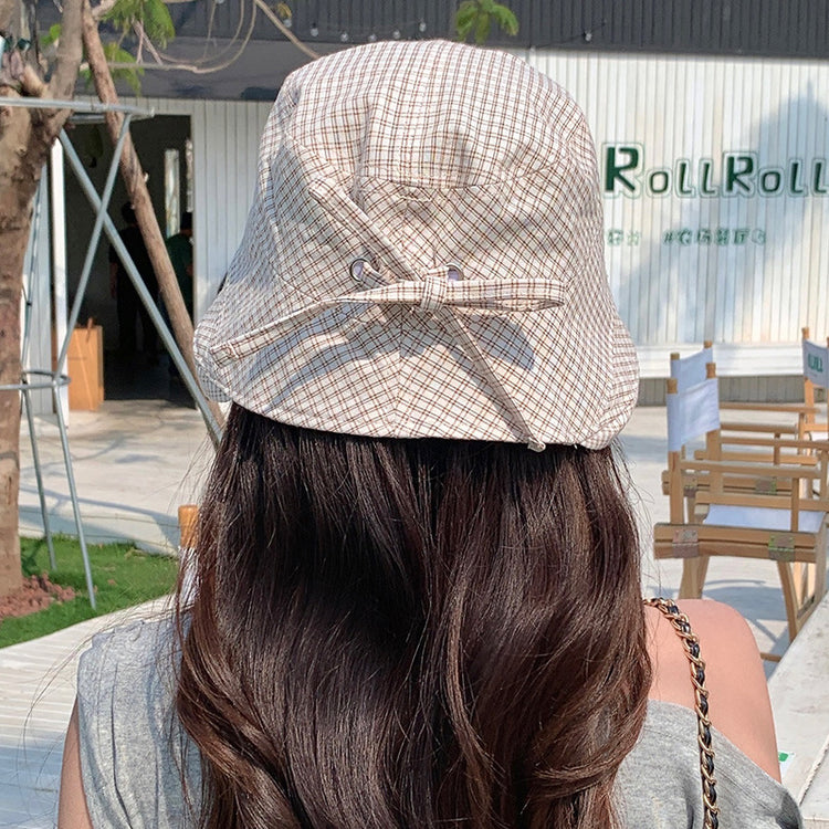 流行帽子|夏季新款格子帽子女蝴蝶結綁帶漁夫帽韓系百搭顯臉小防曬遮陽帽潮「C5262」25.05-2