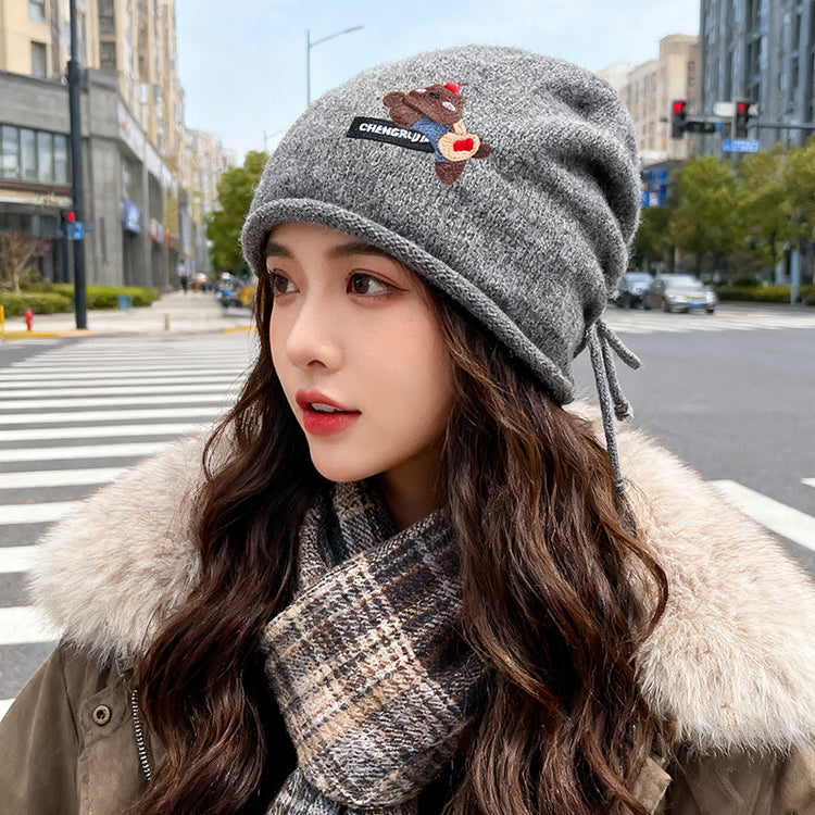 流行帽子|可愛卡通小熊帽子女秋冬包頭針織帽網紅百搭堆堆帽顯臉小卷邊冷帽「C5672」25.09-5