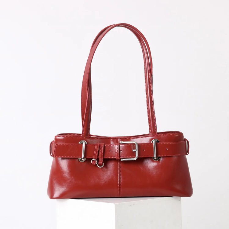 質感真皮|2025新款百搭女輕奢法式高級感機車包法棍包保齡球女單肩腋下包「6147」25.06-4