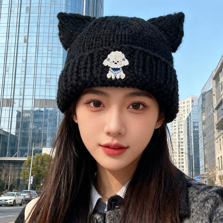 流行帽子|可愛貓耳朵毛線帽子女秋冬護耳保暖針織帽百搭小狗刺繡套頭冷帽潮「C5703」25.10-2