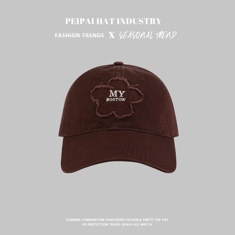 流行帽子|帽子女新款花朵貼布my刺繡棒球帽春秋季休閒百搭寬檐遮臉防曬帽潮「C4422」24.09-2