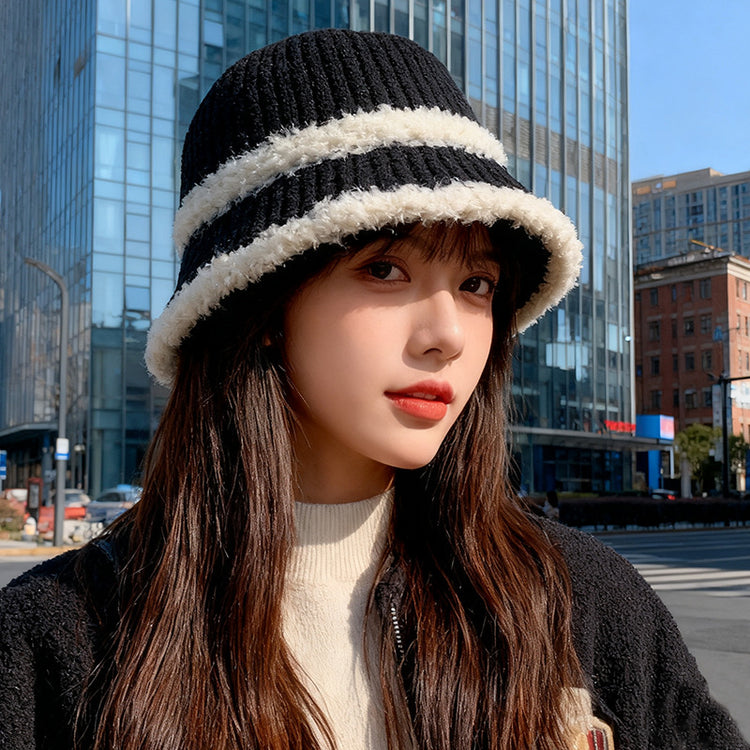 流行帽子|2025新款大頭圍帽子女保暖漁夫帽護耳百搭針織帽韓版戶外條紋盆帽「C2621A」25.10-3