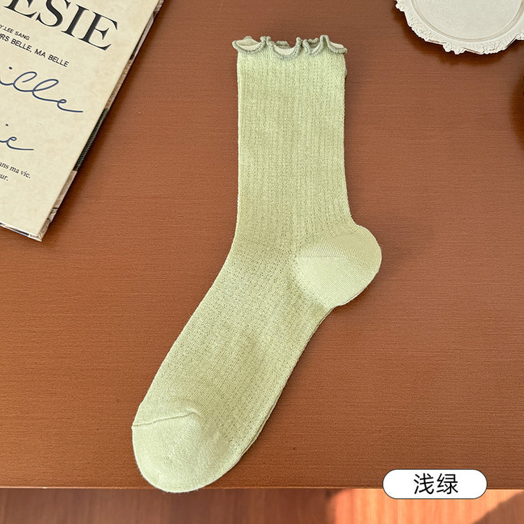 女襪|純色簡約襪子女鏤空網眼透氣木耳邊堆堆襪棉質彈力親膚舒適中筒襪「TM7240」25.02-1