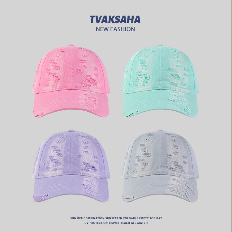 流行帽子|薄荷綠鴨舌帽女夏季小清新多巴胺穿搭遮陽帽個性破洞顯臉小棒球帽「C4161」24.07-3