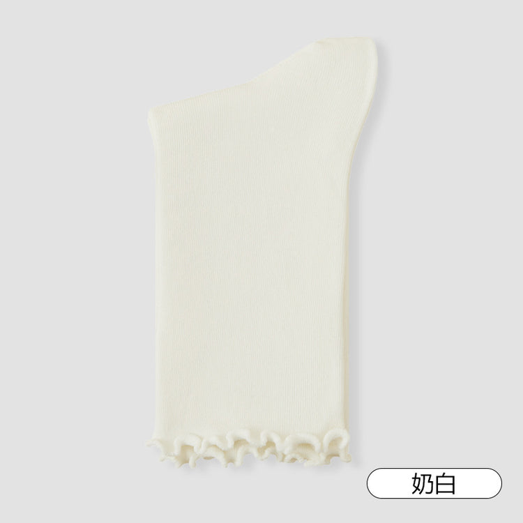 女襪|白色襪子女秋季ins潮木耳邊中筒襪棉質吸汗透氣純色彈力堆堆襪「YLF23131」25.06-3