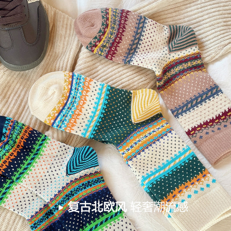 女襪|秋冬加厚襪子女復古費爾島提花ins好搭堆堆襪棉質蓄熱彈力中筒襪「AL24164」24.11-2