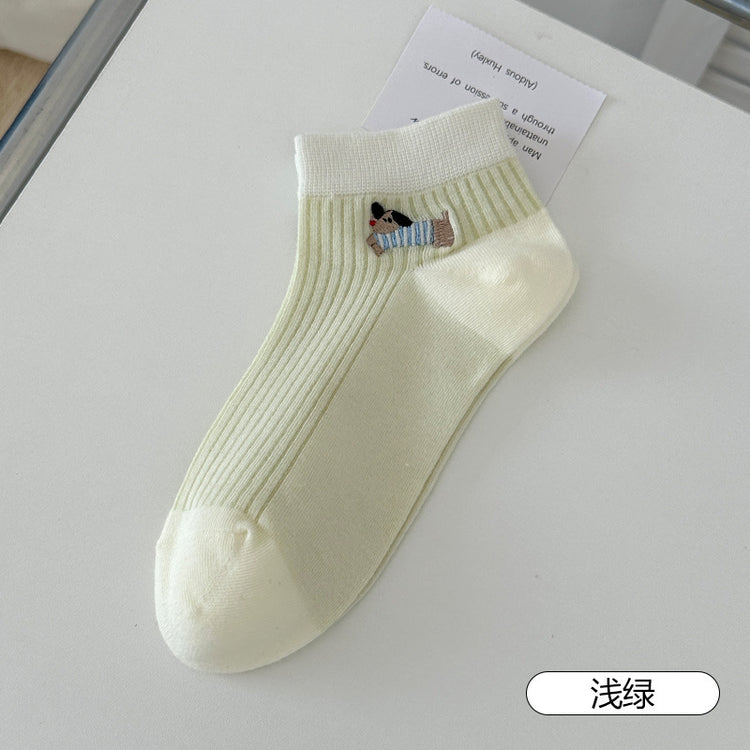 女襪|卡通臘腸狗襪子女棉質吸汗透氣親膚舒適中筒襪竪條顯瘦彈力休閒襪「XHS5020」25.05-1