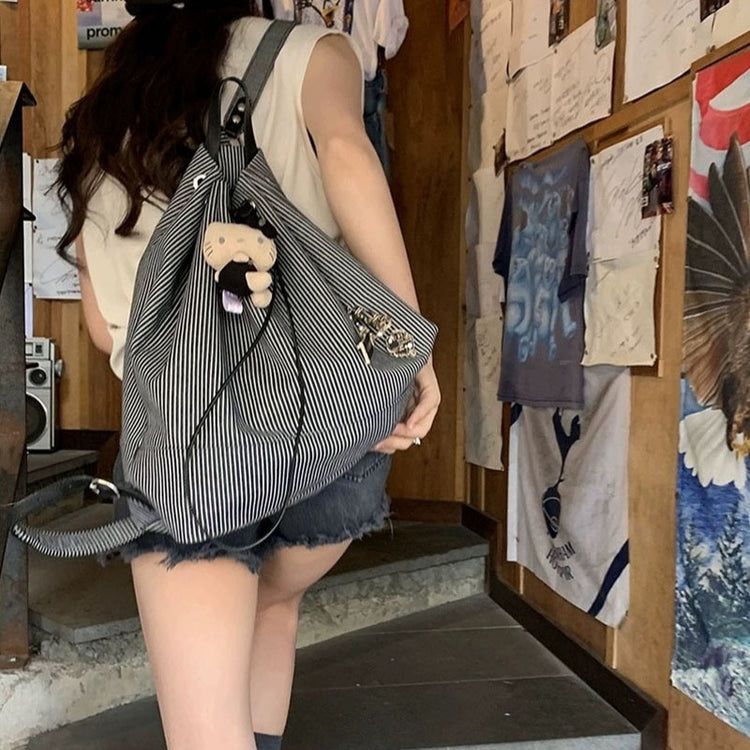 日韓流行|學生休閒雙肩包包女2023夏季新款潮韓國條紋帆布包百搭大容量背包「9422#」24.07-1